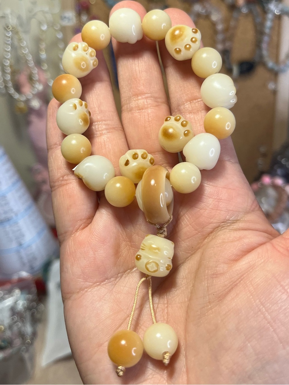 6.5 inch Max. Handcrafted Cream & Tan Beaded Stretch Bracelet